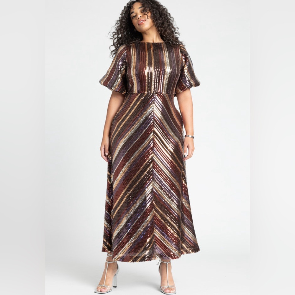 Eloquii Striped Sequin Puff Sleeve Maxi Dress 18 Brown Chevron Metallic Purple